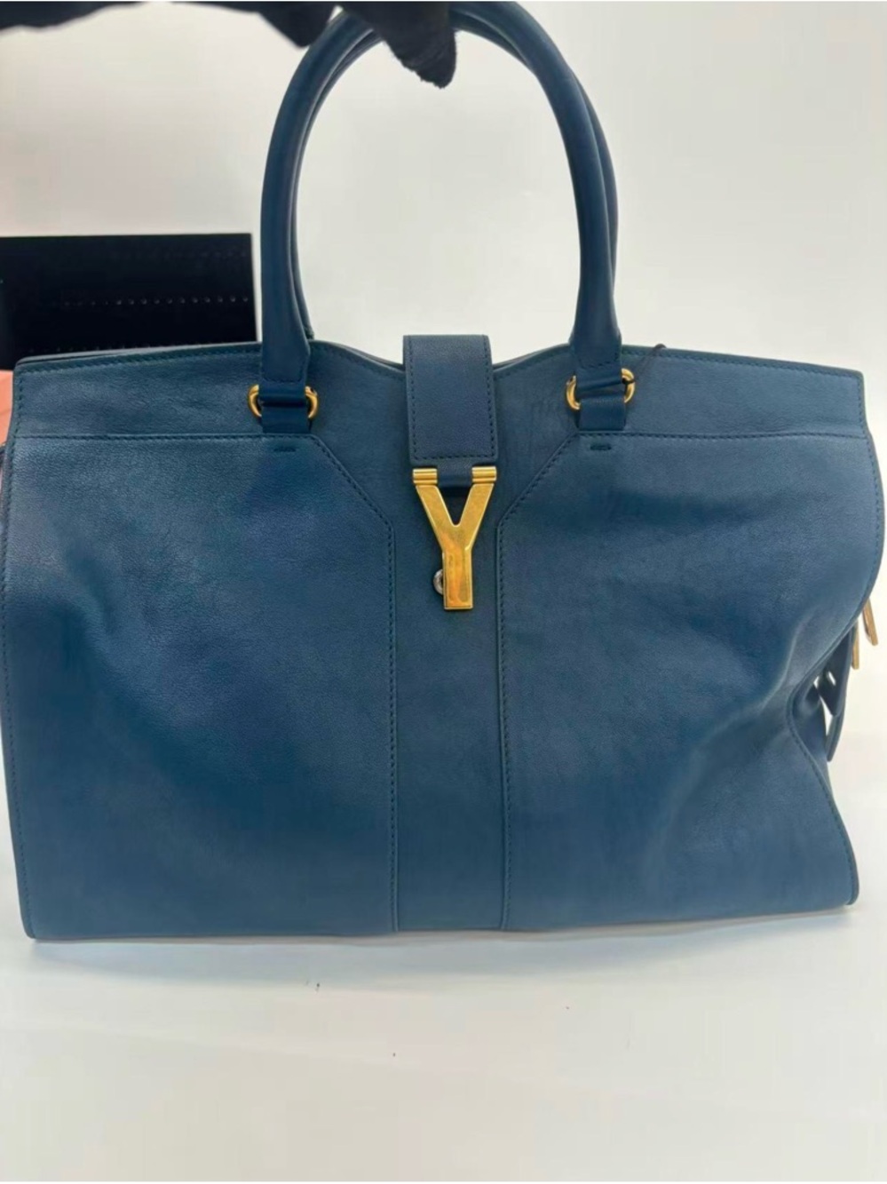 Saint Laurent Inspired Navy Leather Tote with Gold Y Clasp